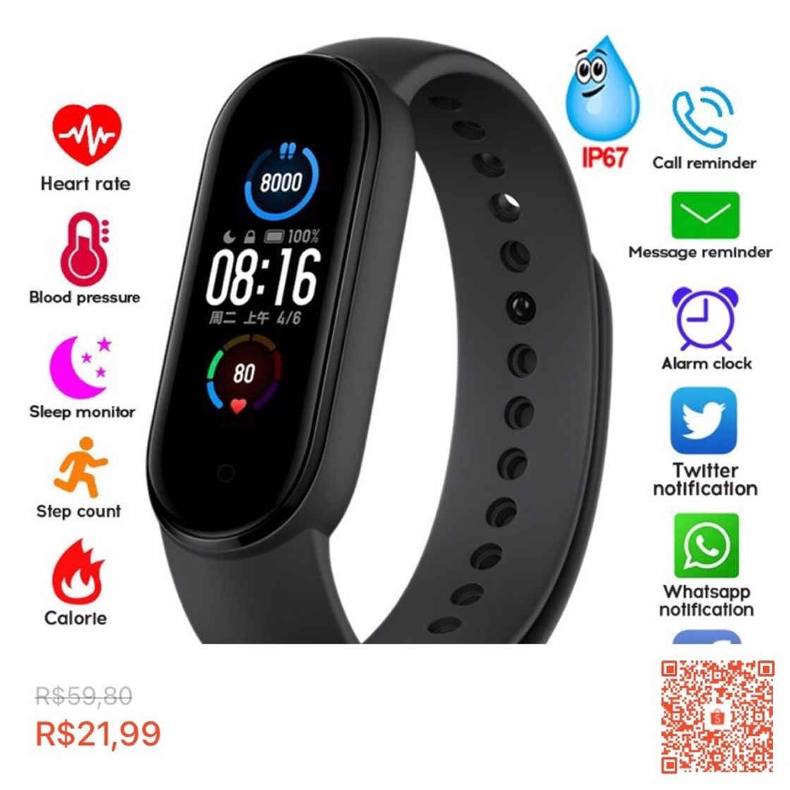 Moda Xoss M5 Smart Watch Bluetooth 4.2 (R$21,99)