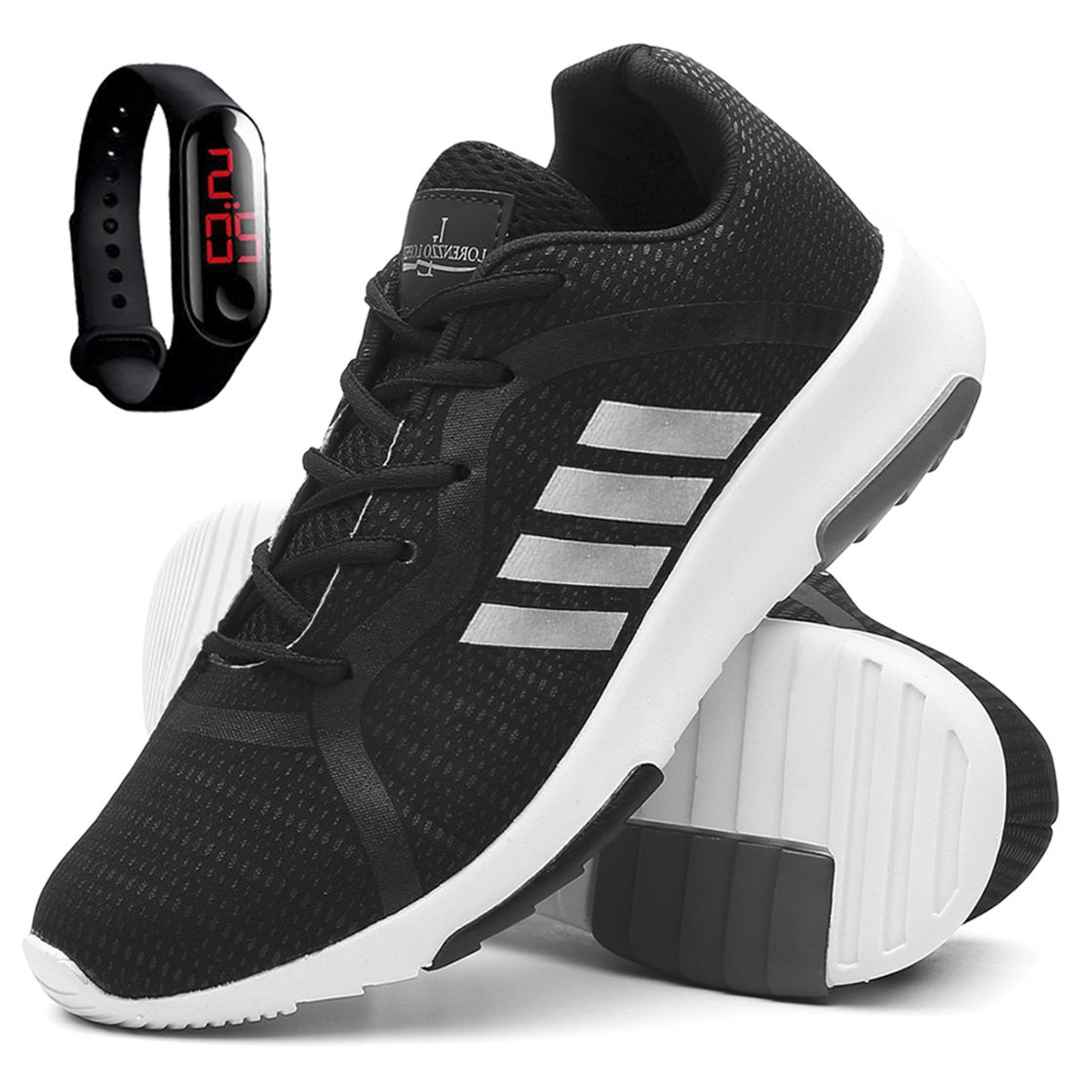 Moda Tenis Masculino Esporte Caminhada + Relogio Digital - Preto/