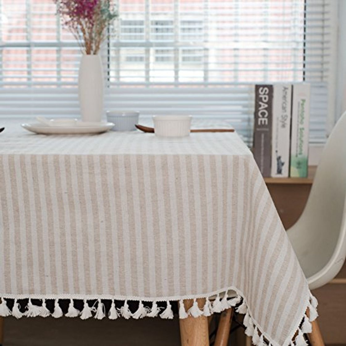 Social meioro Manteles Rectangular Mantel Antimanchas Mantel para Mesa de Lino Striped Tassel
