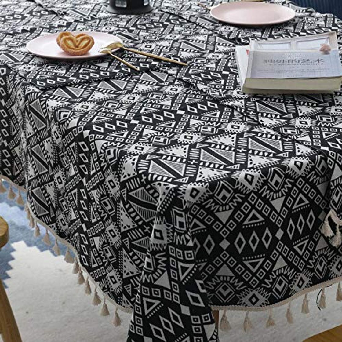Social HHGHF Mantel De Borla Geométrico Negro Mantel De Borde Rectangular Manteles A