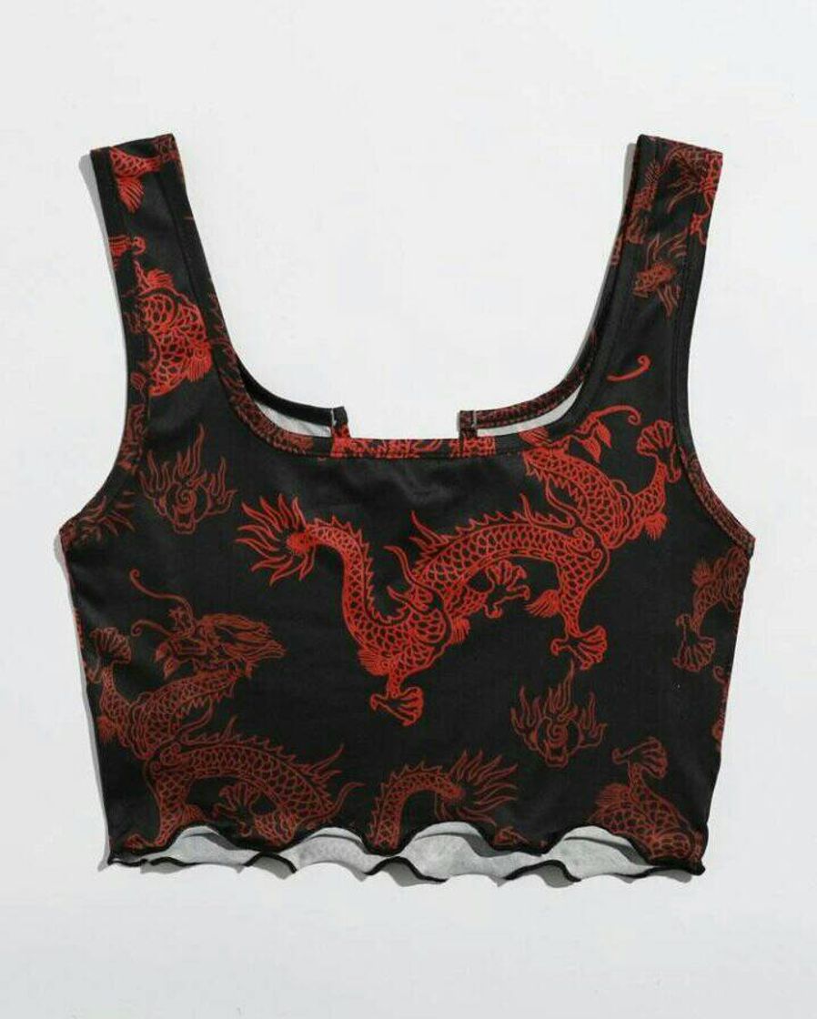 Moda Dragon Print Lettuce Trim Crop Tank Top