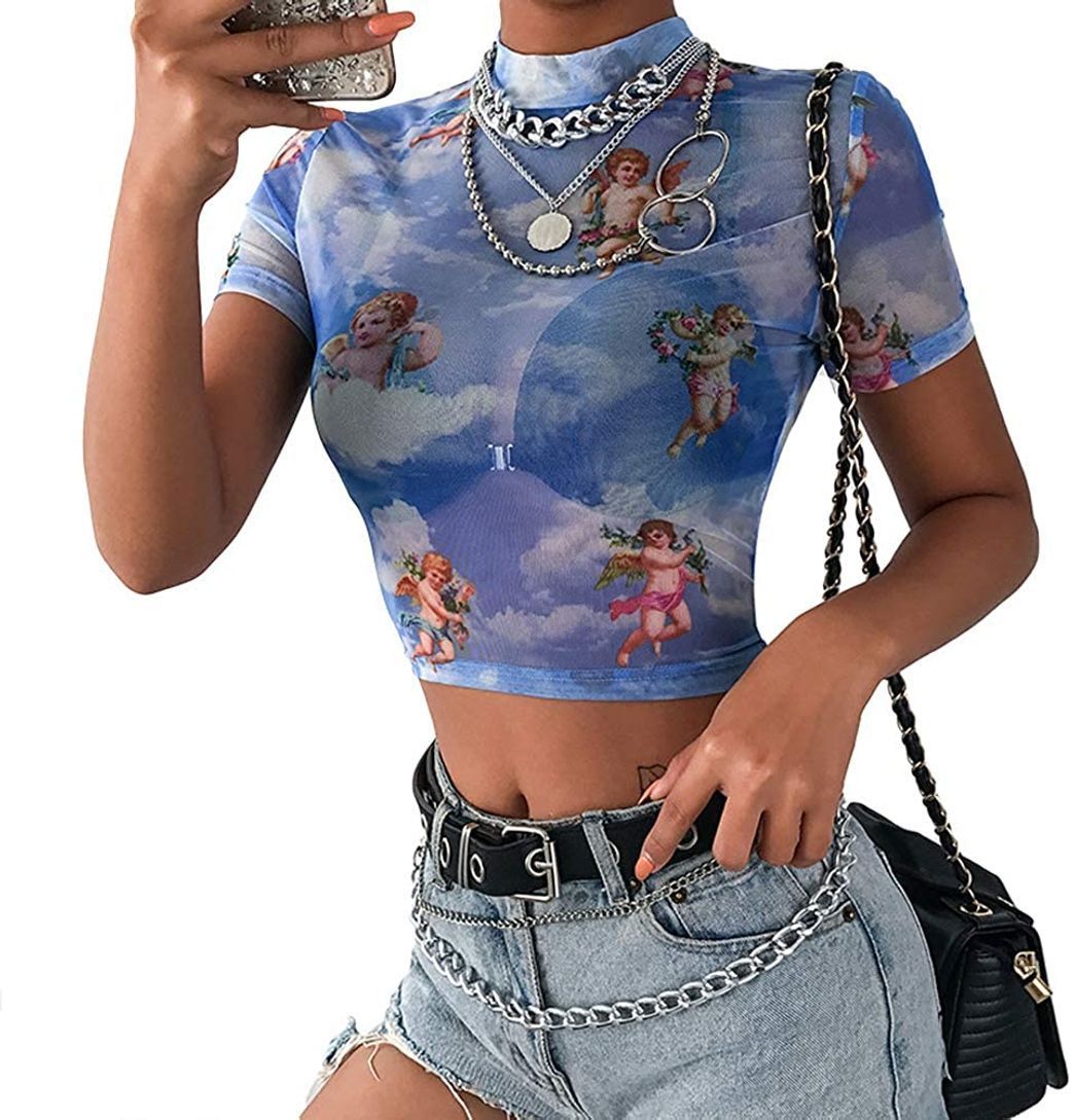Social Mujeres Manga Corta Falso Cuello Ángel Imprimir Sexy Sheer Mesh Crop Tops