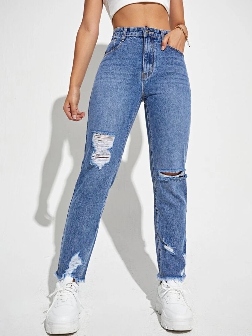 Moda Jeans Roto Bajo Crudo