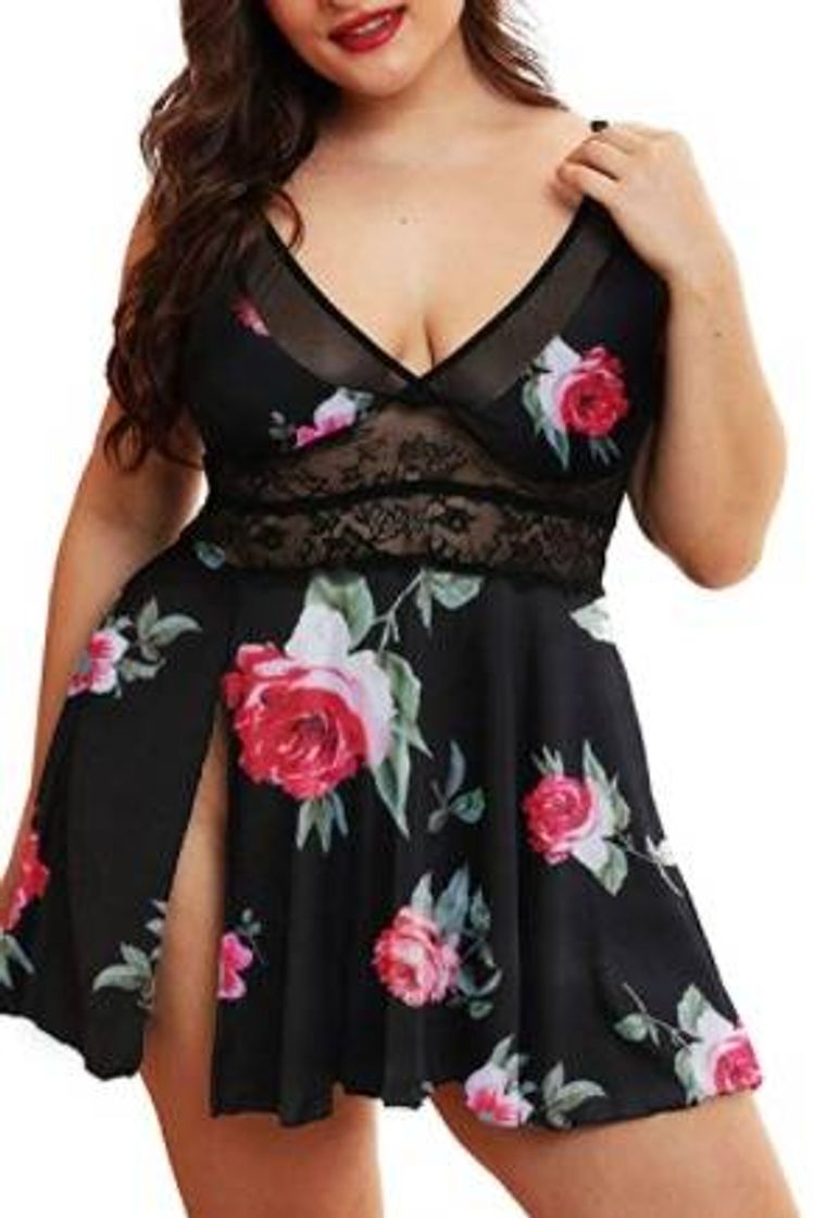 Moda XAKALAKA Lingerie feminina plus size Babydoll frente fenda 