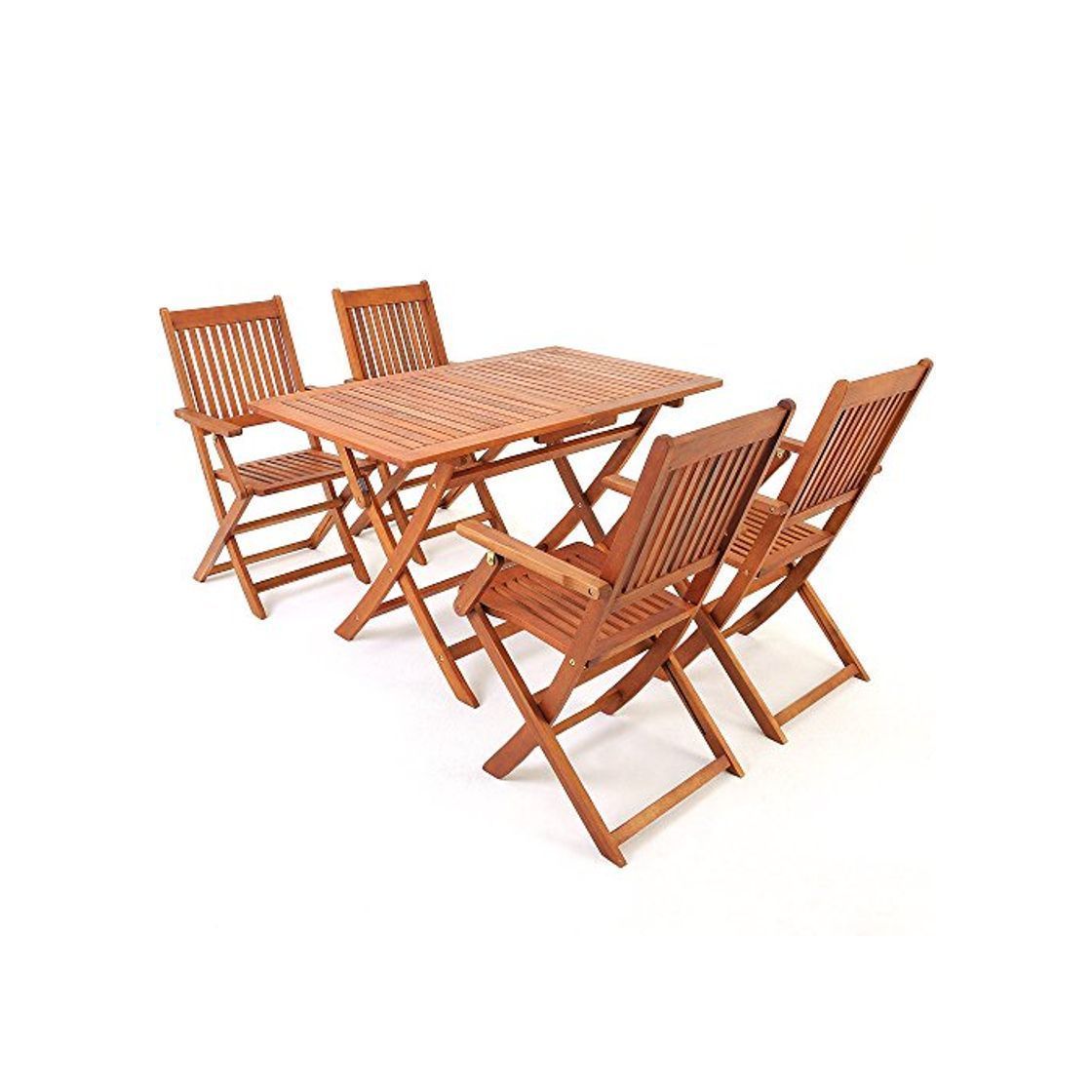 Deuba Conjunto de jardín "Sydney" de madera de Acacia comedor exterior 1 mesa y 4 sillas con reposabrazos 5 pzs terraza