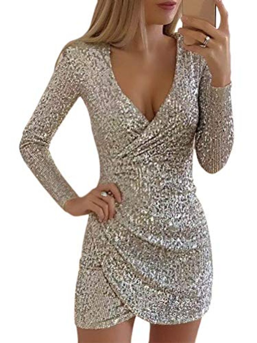 Social Mujer Vestido de Noche Atractivo para Fiesta Vestido de Moda Lentejuelas Brillante Cuello en V Manga Larga Mini Dress del Club A Plateado 34