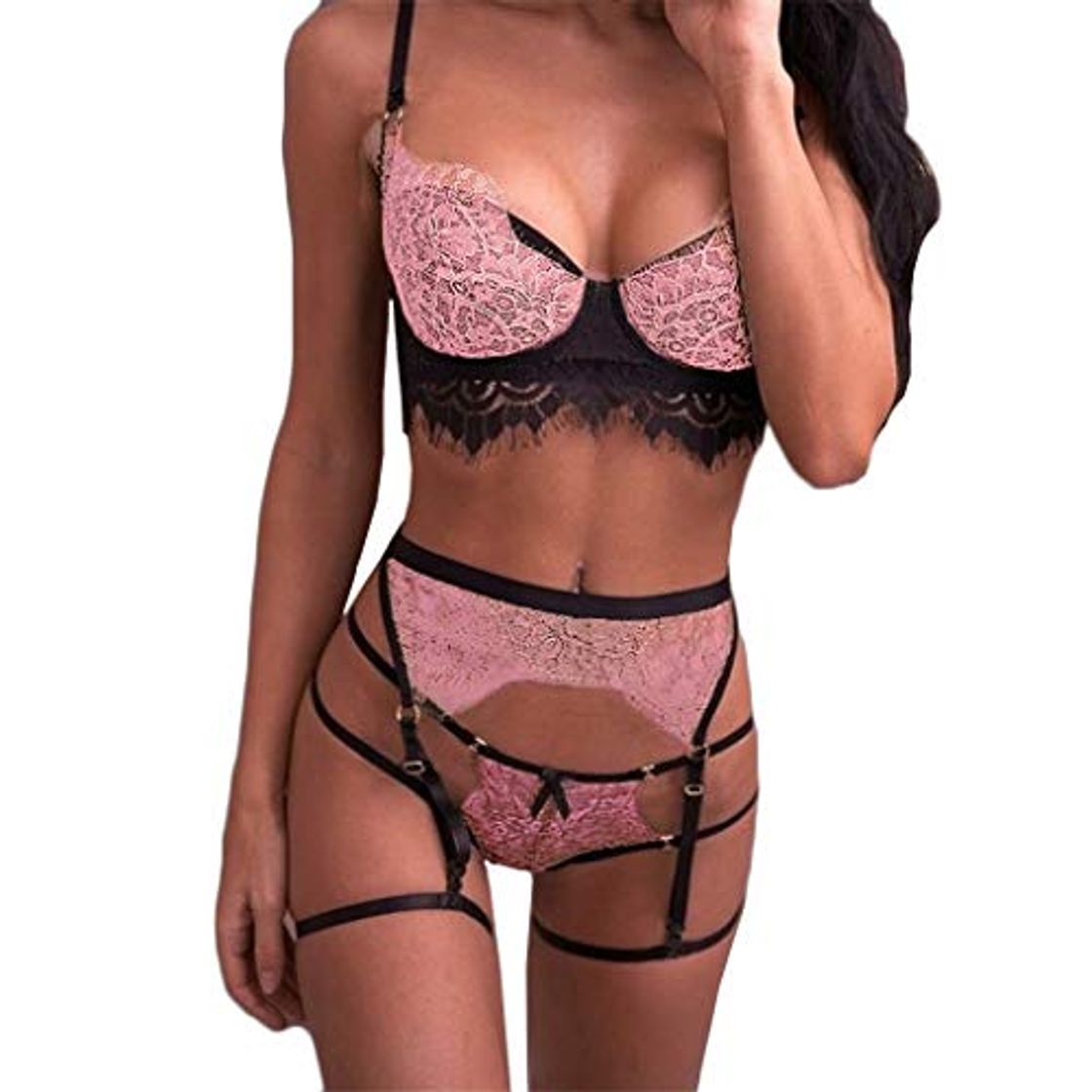Social Lenceria Sexy Mujer Correas Sujetador y Panty Liga Conjunto Ropa Interior Babydoll Atractiva De Muselina Ropa de Dormir de TentacióN Deep V Lencería Pijamas riou