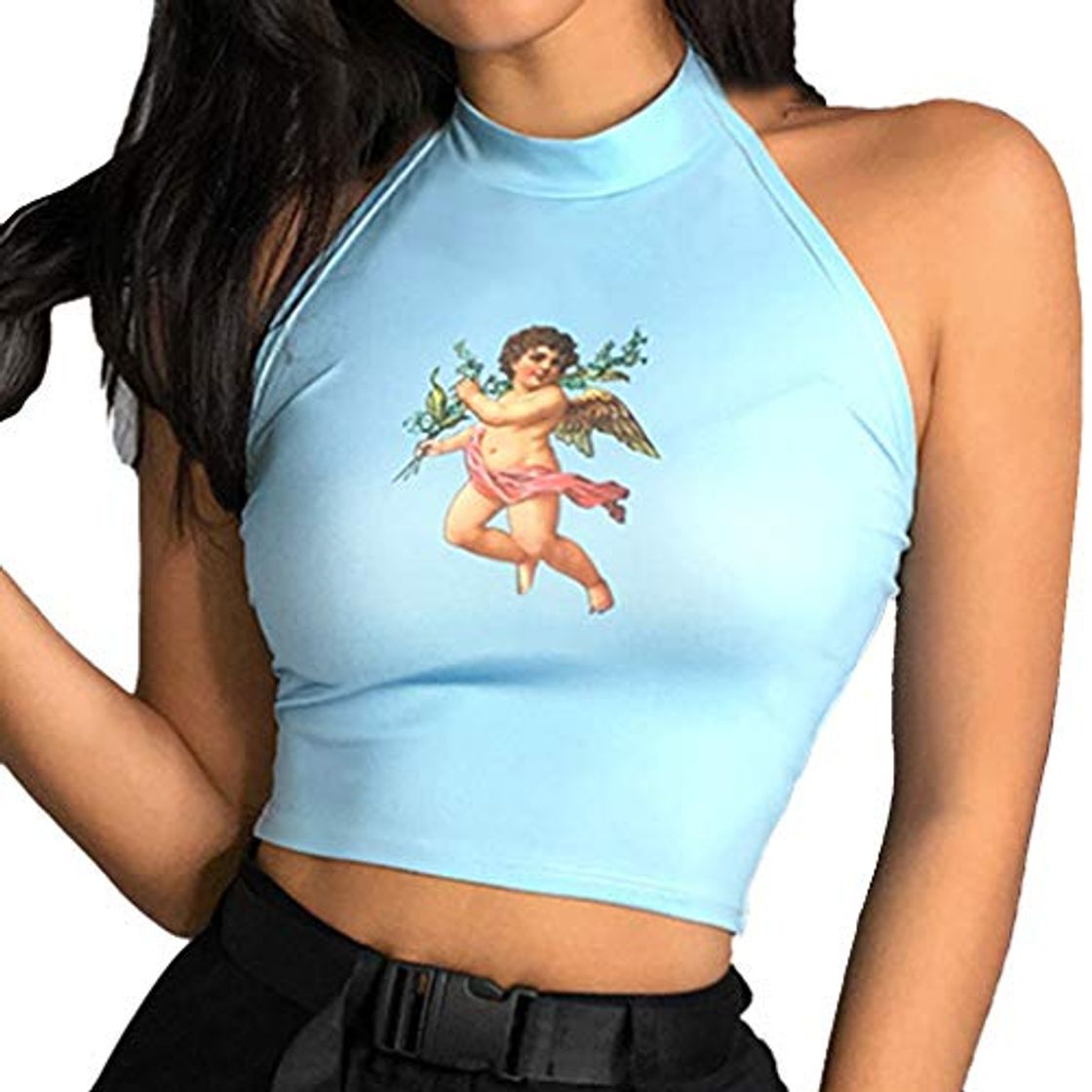 Fashion Lencería Sexy para Mujer Cupido Pequeño Ángel Impresión Color Sólido Cuello De Tirante Sin Mangas Atado Atrás Top Chaleco Sin Mangas Camiseta Top Azul M