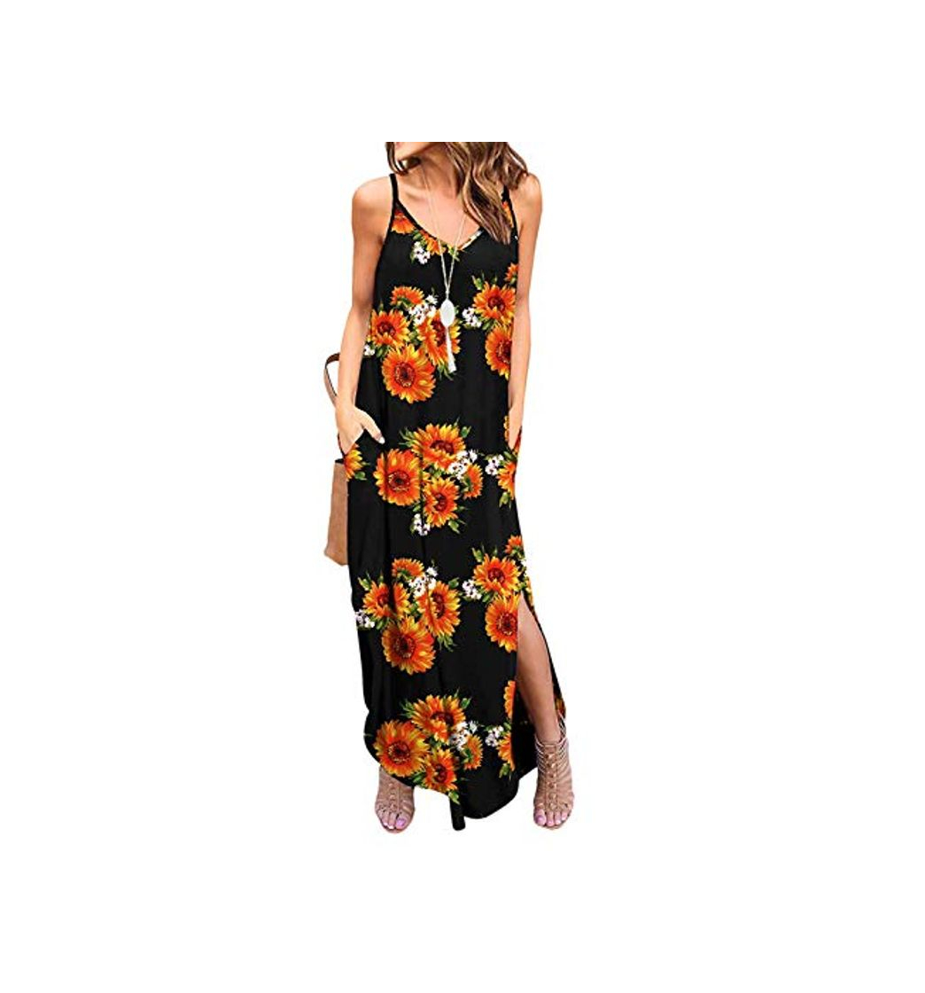 Fashion Vestidos Mujer Casual Playa Largos Boho Floral Maxi Vestido Bohemio Tirantes Playa Verano Girasol L