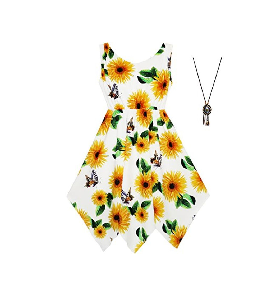 Fashion Sunny Fashion Vestido para niña Girasol Mariposa Hanky ​​Hem Fiesta Playa Collar Sol 14 años