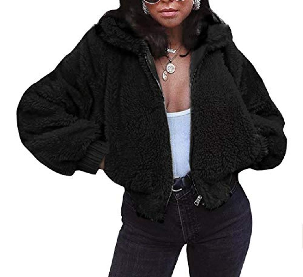 Moda FANCYINN Chaqueta de Piel sintética Recortada de Peluche para Mujer Abrigo de Invierno de Piel sintética de Gran tamaño con Bolsillos para Mujer Negro XL