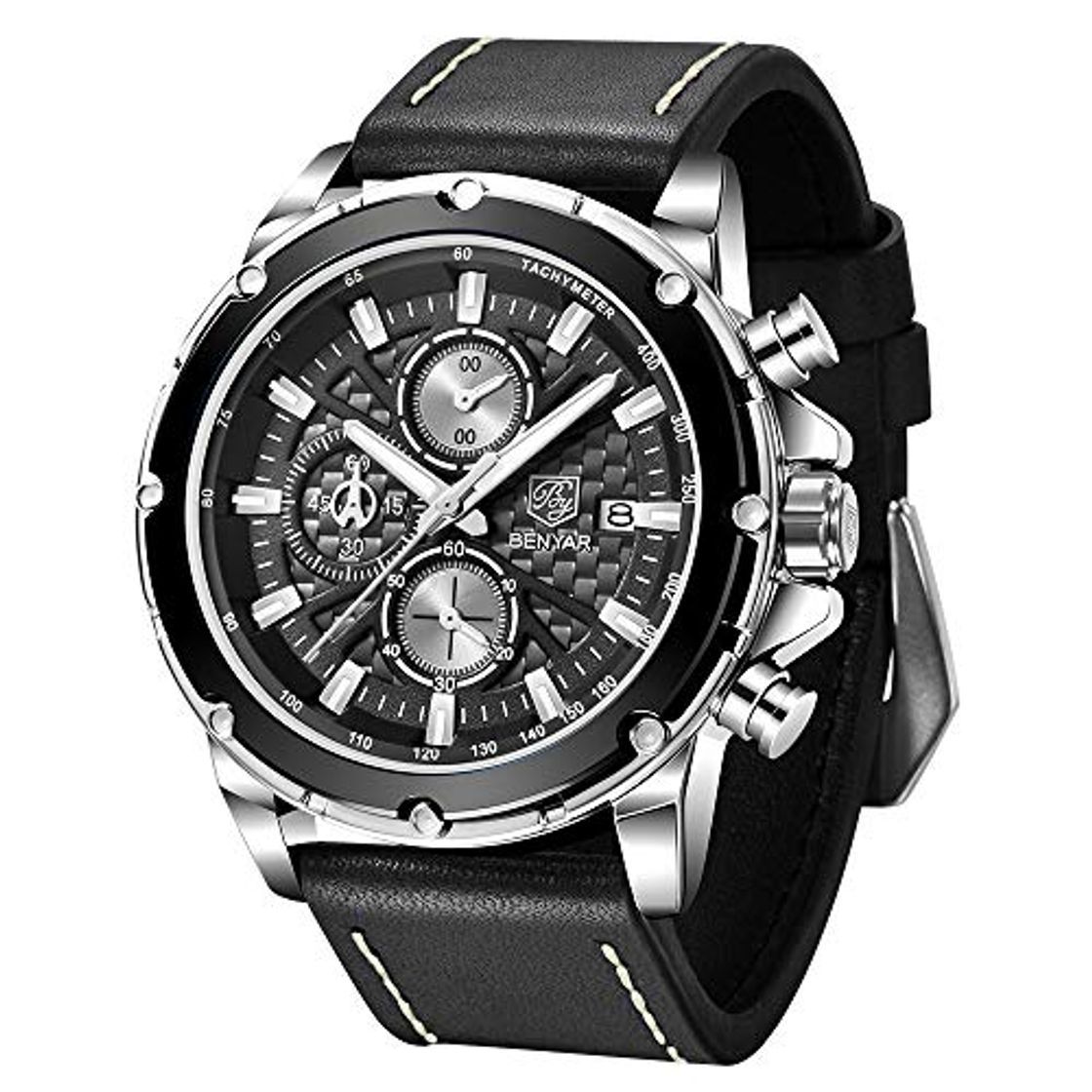 Moda Relojes Hombre BENYAR Cronografo 3AMT Impermeable Movimiento Cuarzo Relojes de Pulsera de Cuero Militar Diseño Casual de Negocios Regalo Elegante para Hombre