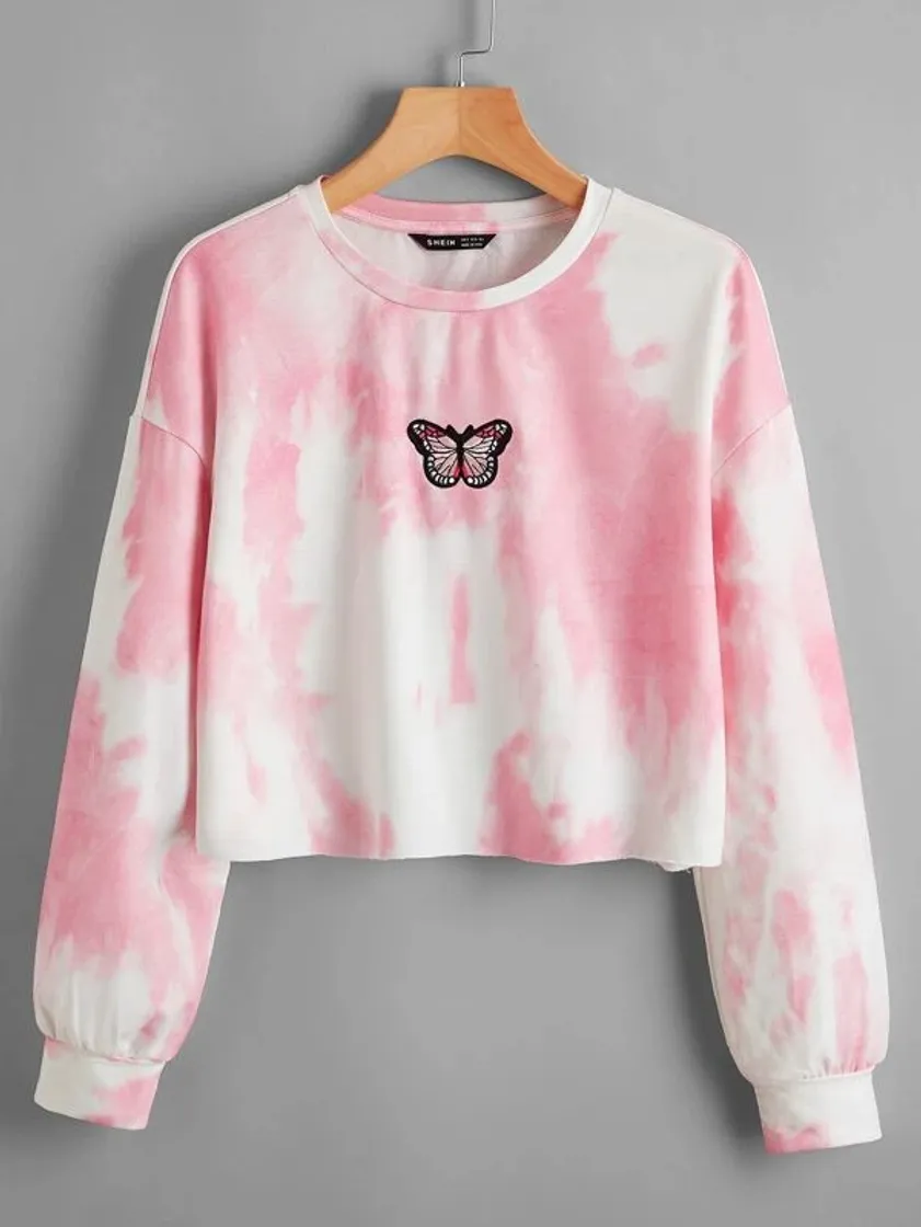 Fashion Butterfly Embroidered Tie Dye Crop Hoodie | SHEIN