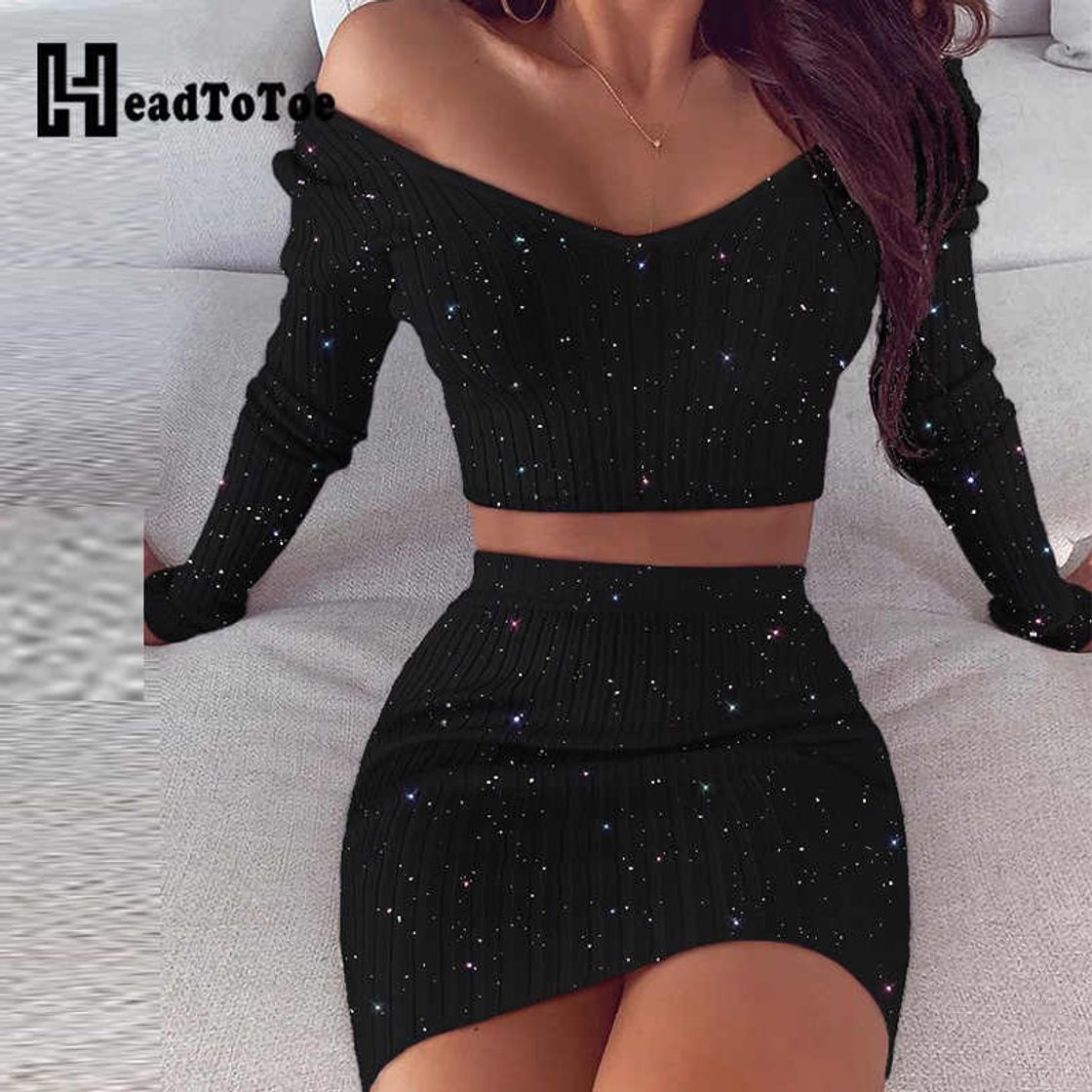 Social Conjunto de saia e blusa de ombro com glitter