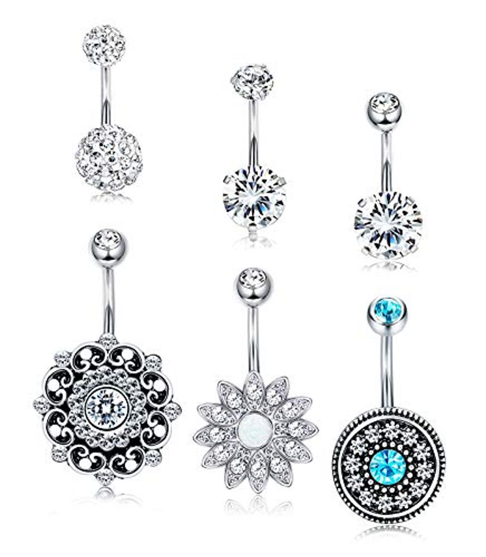 sailimue 6PCS 316L Acero Inoxidable Piercing Ombligo Embarazada para Mujeres CZ Belly