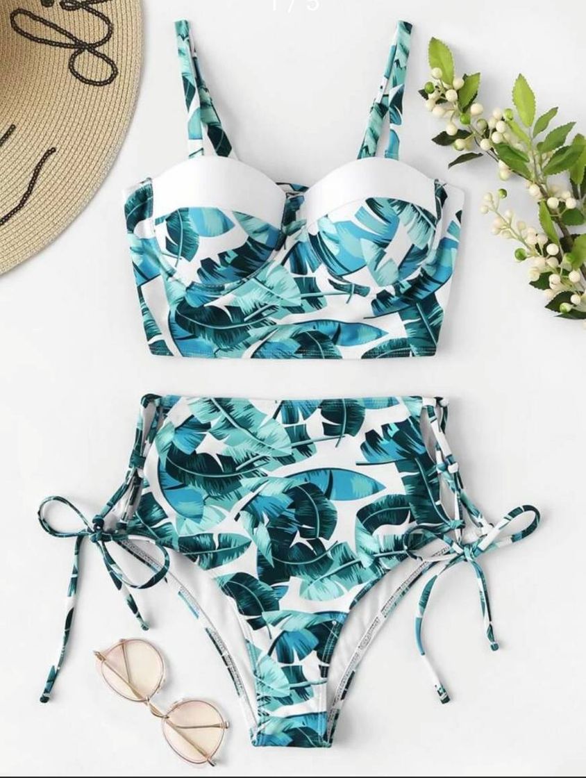 Fashion Random Leaf Print Top With Tie Side Bikini