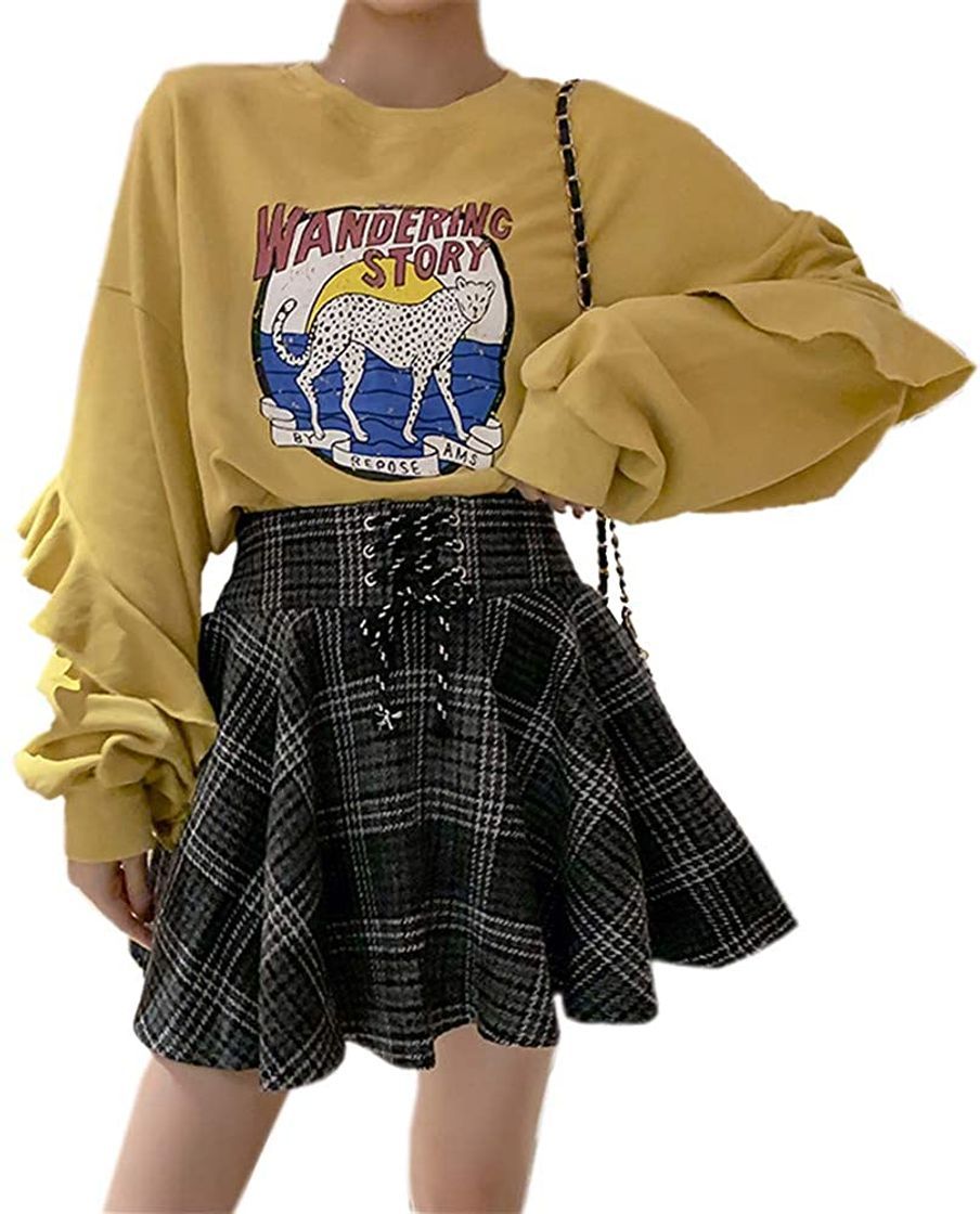 Social XIANGLIOOD Mujer Plaid A Line Cintura Alta Acampanada Plisada Corta Mini Négro Rojo Falda