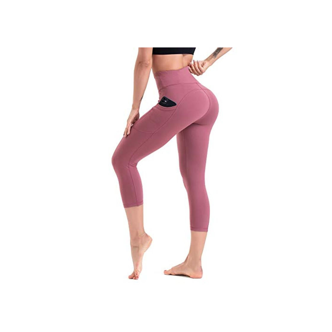 Moda HLTPRO Pantalones de yoga para mujer con bolsillos para teléfono Capri Leggings ropa de entrenamiento con cintura alta y control de barriga Ideal para correr deportes atletismo y fitnes moda XL Rosado