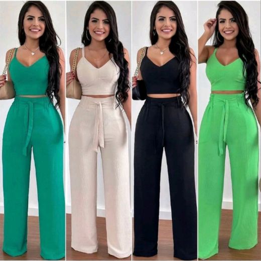 Dê uma olhada em Conjunto feminino duna areia calça pantalona e cropped