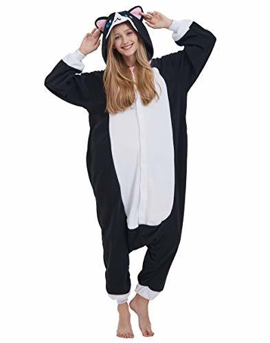 Moda Pijama Animal Entero Unisex para Adultos con Capucha Cosplay Pyjamas Gato Negro