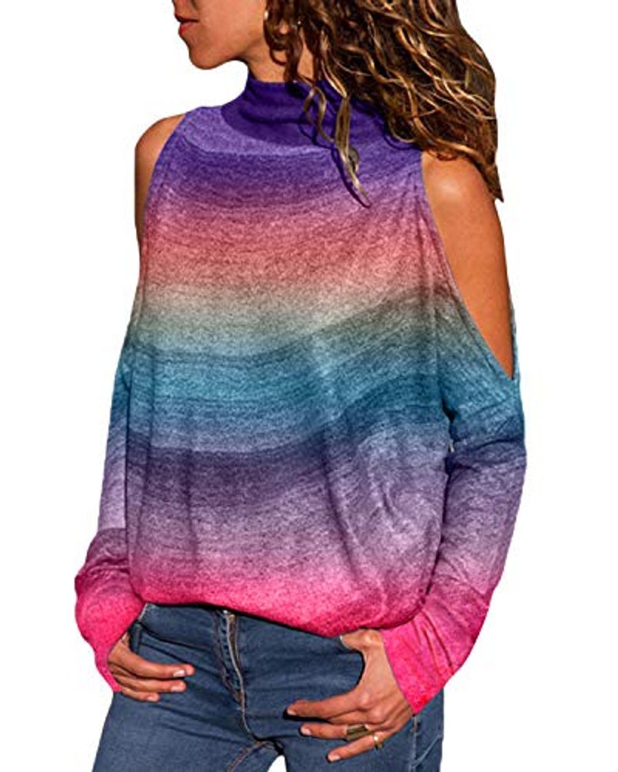 Moda YOINS Camiseta Mujer de Manga Larga Blusa con Hombros Fríos Camisa Casual Camisetas a Rayas Cuello Redondo Imprimiendo Pullover Arcoiris L