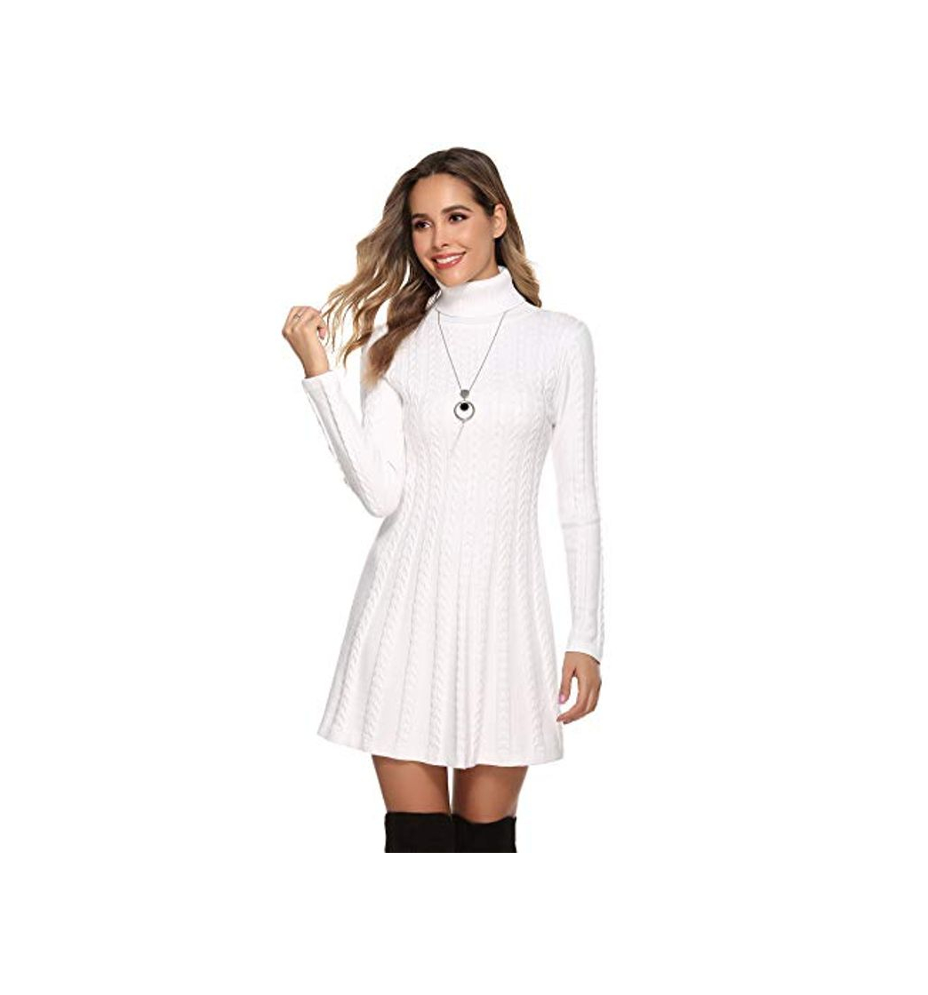 Social Hawiton Vestido de Punto para Mujer Elegante Vestido de Suéter de Cuello Alto Jersey de Manga Larga de Una Línea para Otoño Invierno