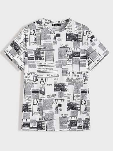 SHEIN Camiseta de hombres con estampado de periódico 
