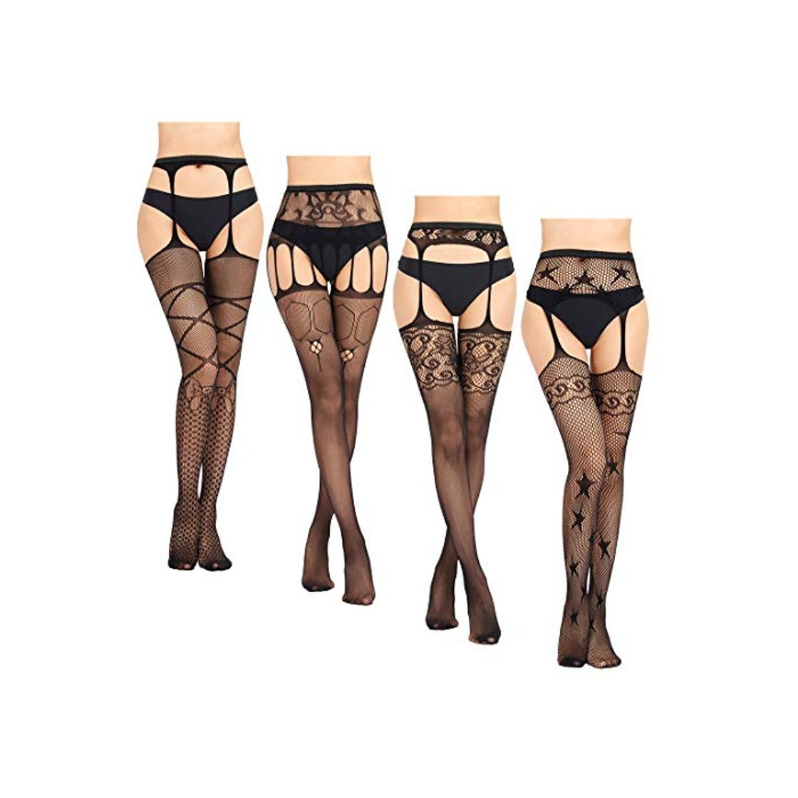 Social Wonnell 4 pares atractivos de las Mujeres Liguero Medias de Encaje sexy medias de Rejilla transparente Negro Ropa Interior de Una Pieza de Elástico medias de Red medias elásticas Mallas Medias