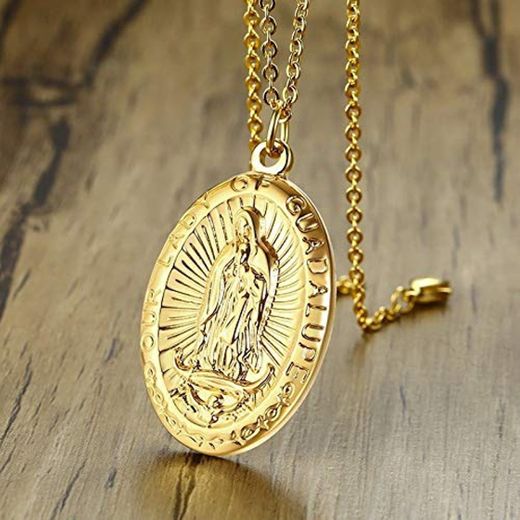 DADATU Collar Hombre Medalla De La Virgen De Guadalupe De Los Hombres Collar Colgante En Acero Inoxidable Tono Oro Virgen María Patrón De Las Medallas De La Joyería Masculina