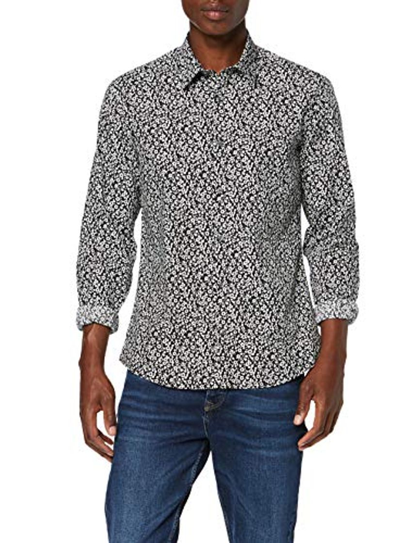 Moda Marca Amazon - find. Camisa de Manga Larga de Algodón Hombre, Negro