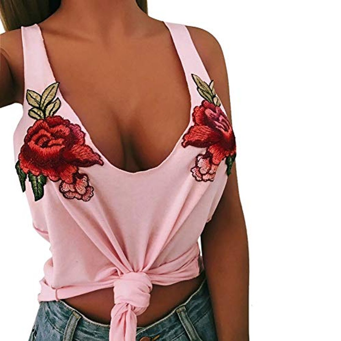 Product WDFSER Verano Moda Mujer Sexy Cuello En V Apliques Rosa Manga Tanques