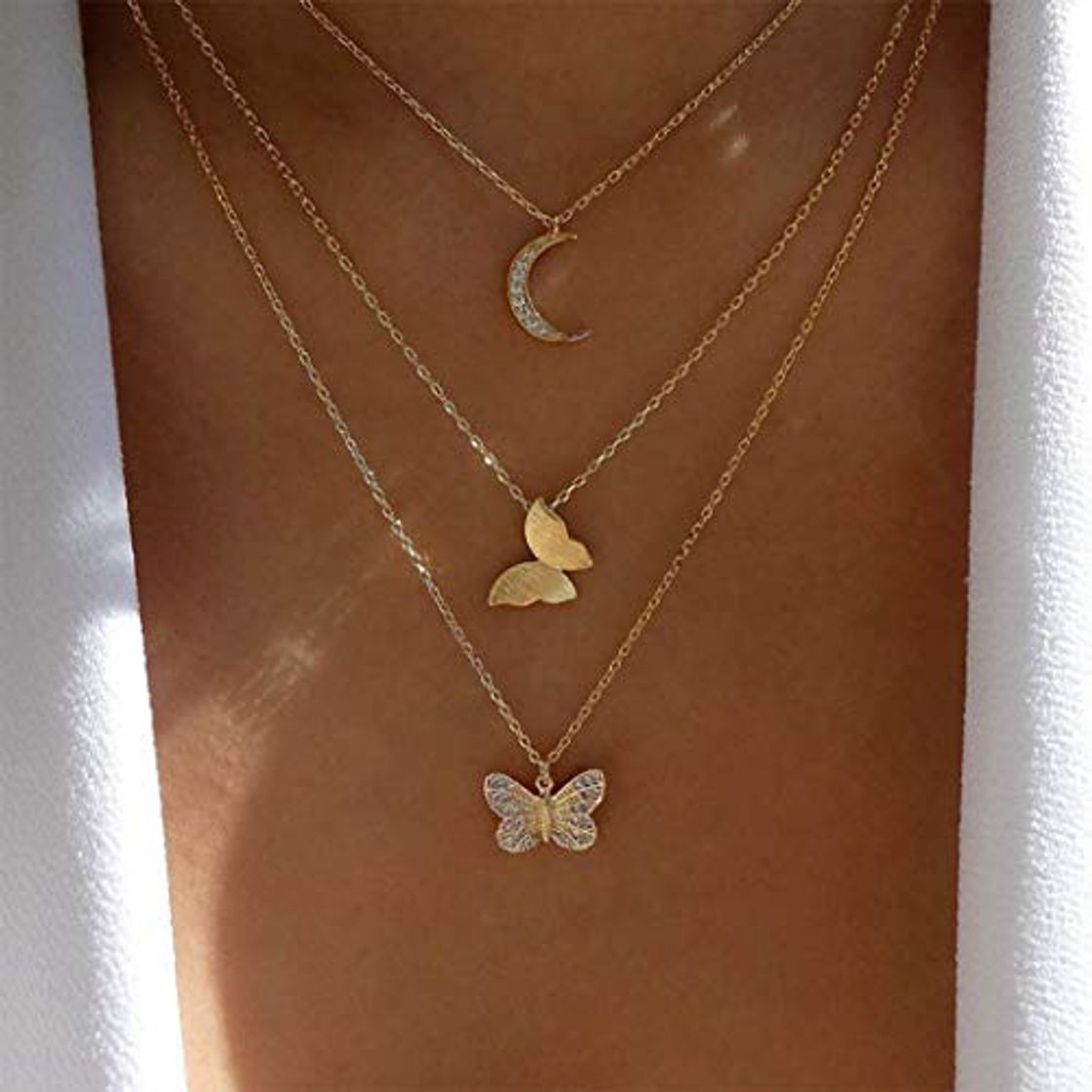 Social Handcess Boho Collares multicapa Collar con colgante de luna dorada Gargantilla de mariposa con cristal para mujeres y niñas