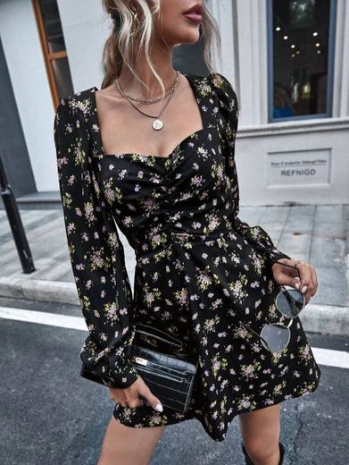 Sweetheart Neck Floral Print Ruched Dress