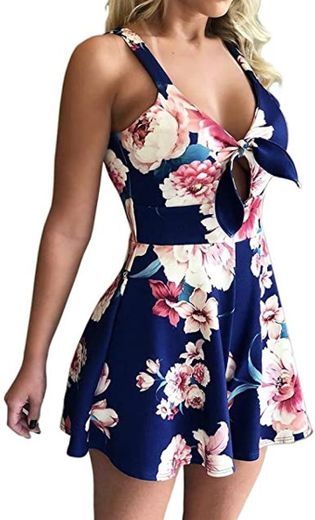 Junkai Mono de Verano para Mujer Damas V Cuello Correa Sin Mangas Estampado Floral Slim Fit Playsuit Shorts Moda Casual Mamelucos Overol de una Pieza