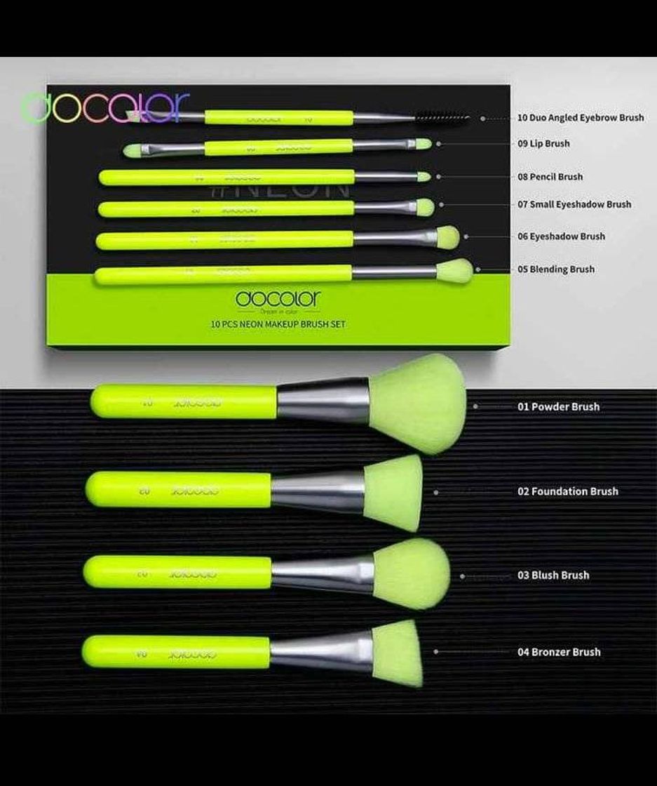 Social Docolor Makeup Brushes Set Neon Green 15Pcs Premium Premium Synthetic Kabuki Foundation