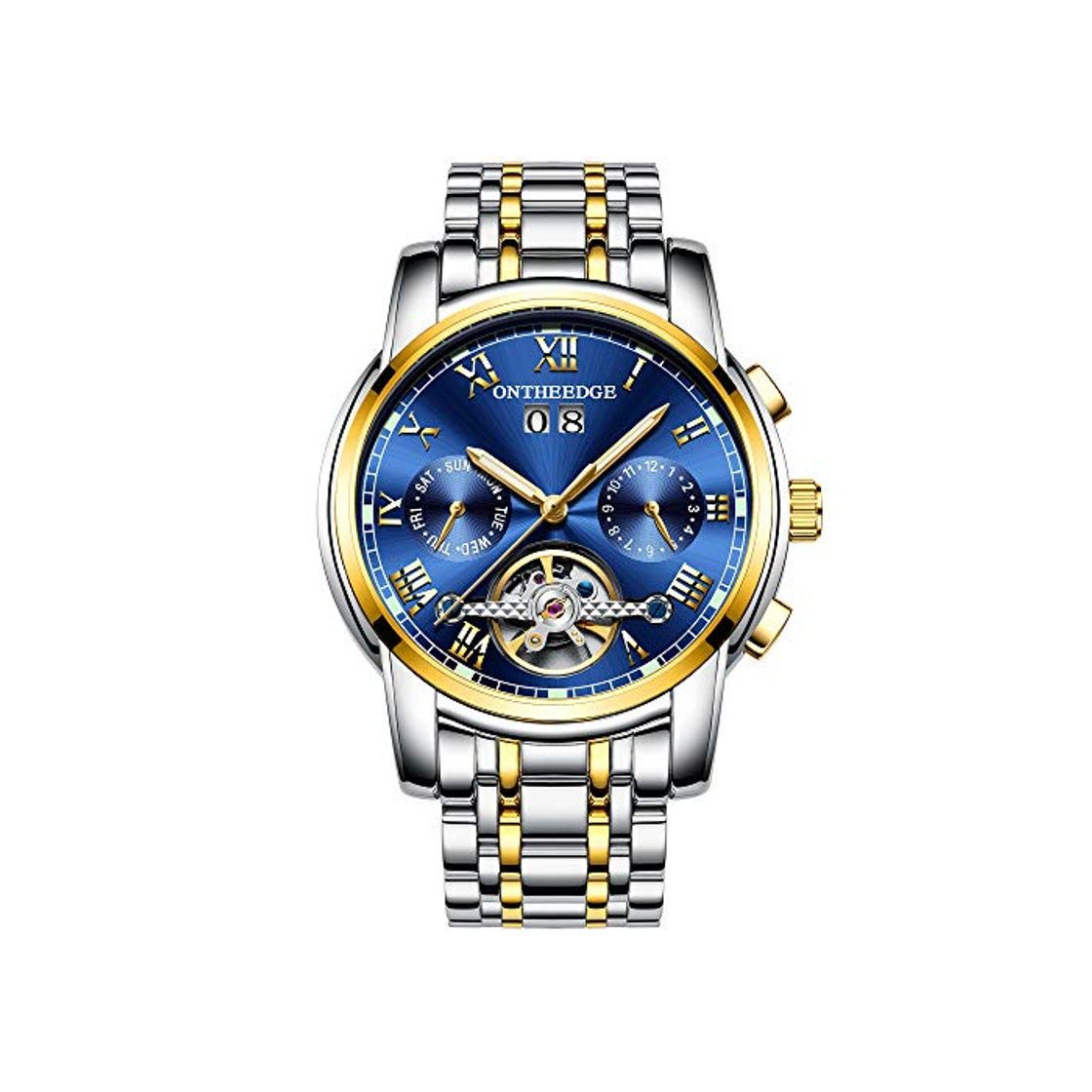 Moda RORIOS Moda Business Hombres Automático Mecánico Tourbillon Relojes de Pulsera Acero Inoxidable Correa Luminoso Puntero Calendario Multifunción