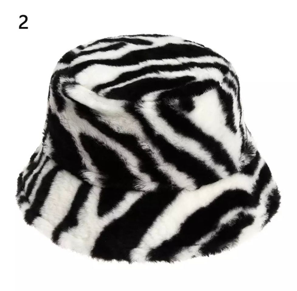 Moda Bucket Hat de pelo estampado cebra Y2K