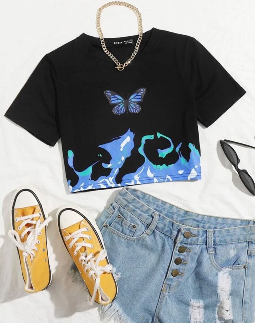 Moda Cropped borboleta e chamas da shein🦋🔥💙