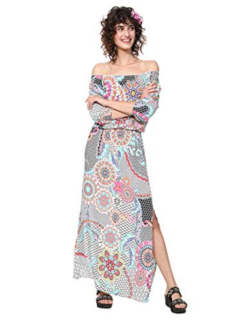 Fashion Desigual Dress 3/4 Sleeve Dera Vestido de flor largo, Blanco