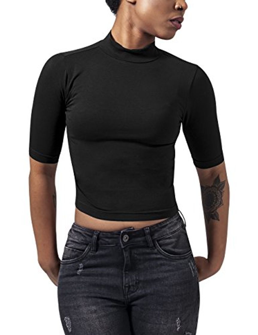 Fashion Urban Classics Ladies Cropped Turtleneck tee Camiseta, Negro