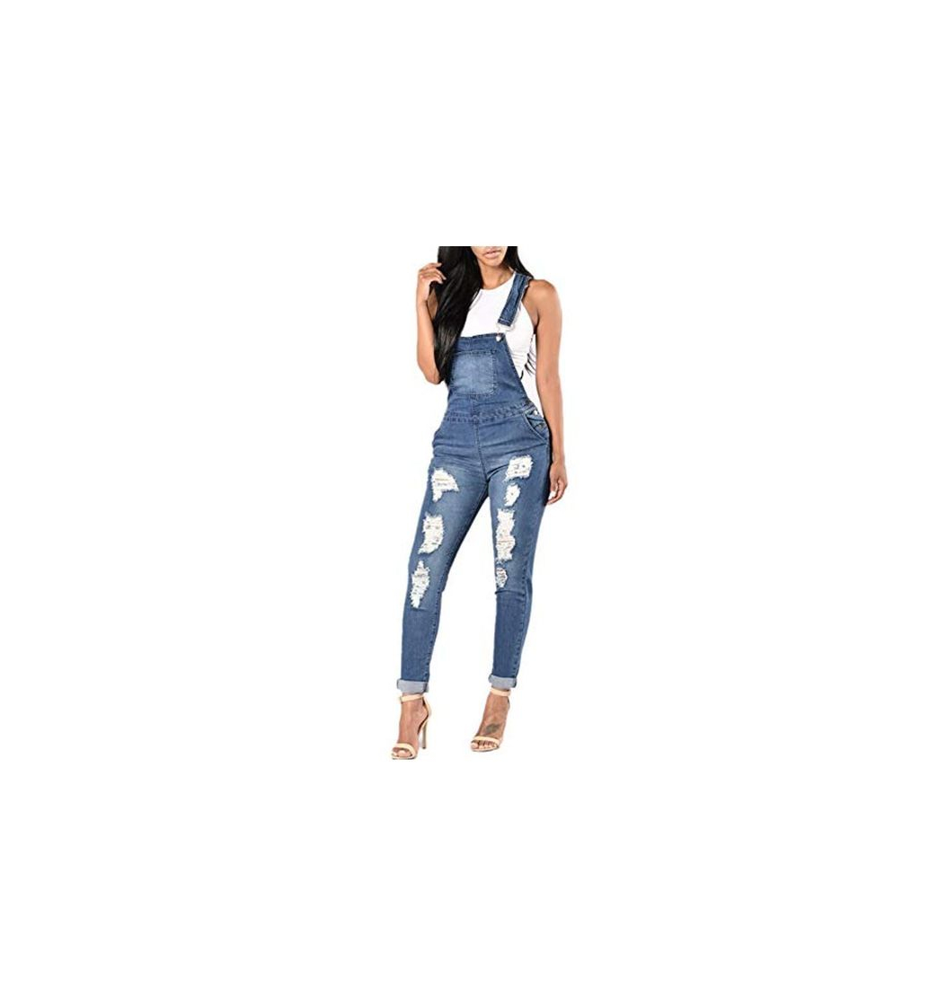 Social Overol de Mujer Jean Monos de Mezclilla sin Mangas Delgados con Agujeros Rasgados Casuales Azul M