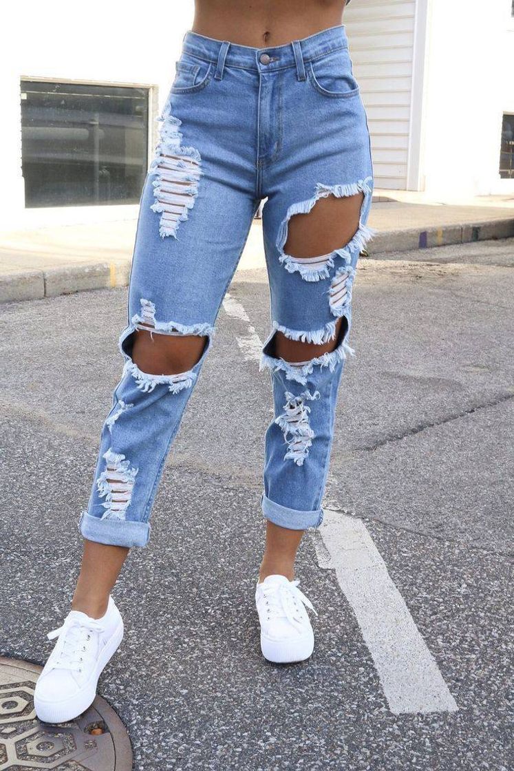 Fashion Calça jeans rasgada