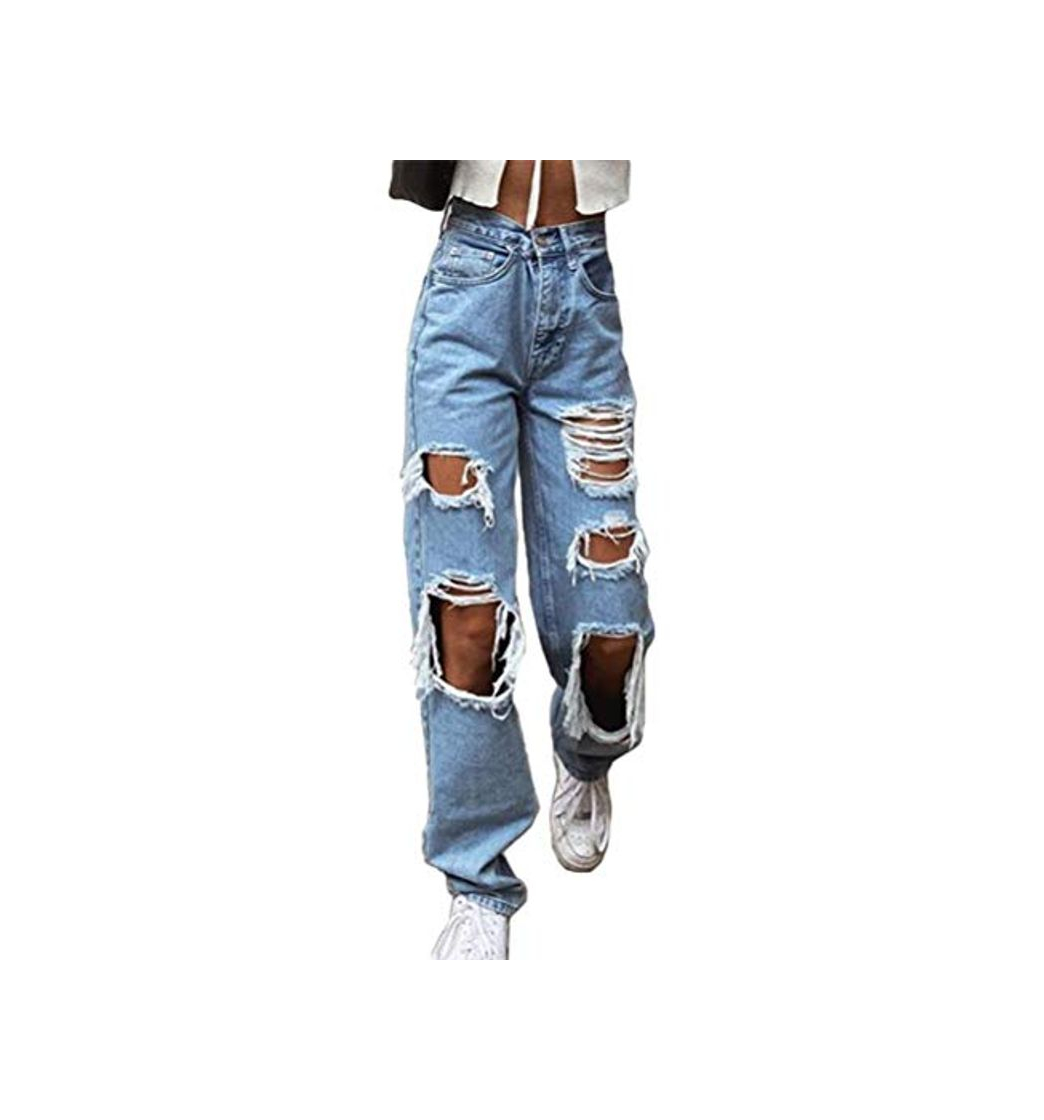 Moda ORANDESIGNE Jeans para Mujer Cintura Alta Asimétrico Delgado Pantalones Casual Pantalones de Mezclilla Rectos Holgados Jeans Rotos con Agujeros Pantalones Casuales A Azul XS