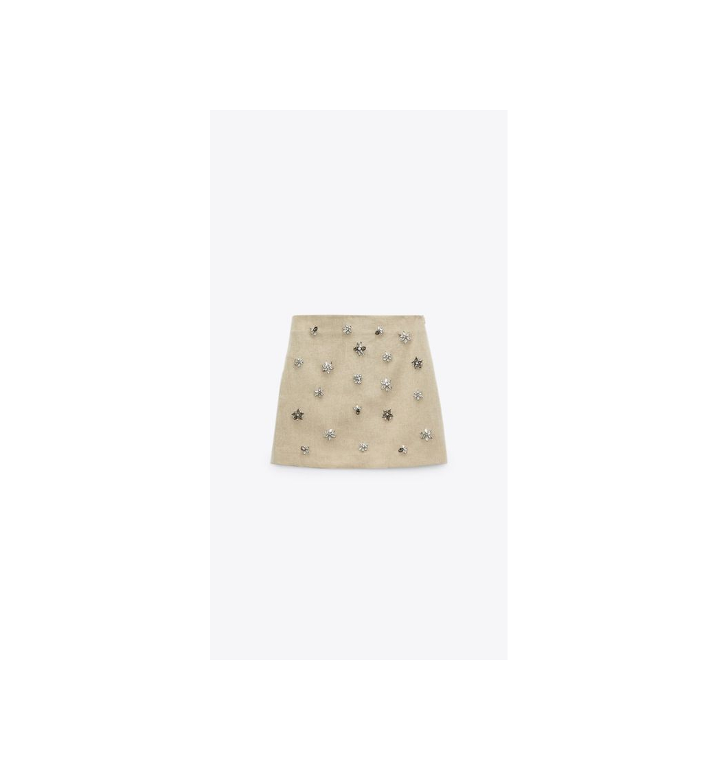 Fashion JEWEL TRIM LINEN BLEND SKIRT - Sand