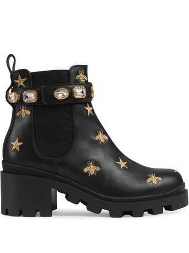 Embroidered leather ankle boot with belt