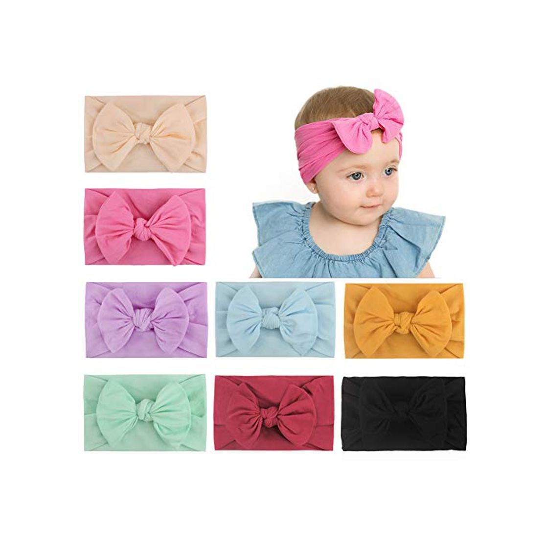 Moda 8 unids Baby Girls Nylon Diadema Super Elastic Bows Banda de Pelo