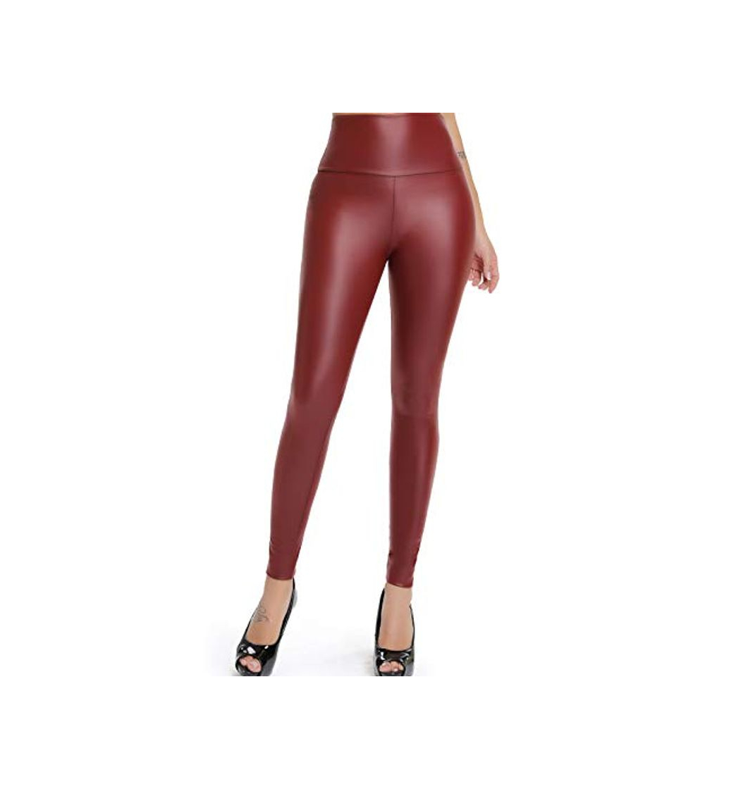 Social FITTOO Mujeres PU Leggins Cuero Brillante Pantalón Elásticos Pantalones para Mujer300#2 Rojo Oscuro S