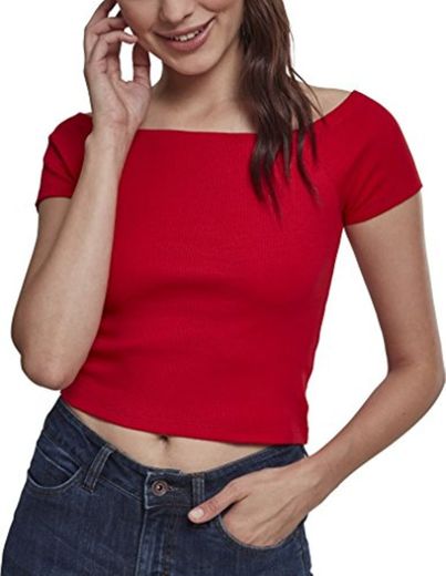 Urban Classics Ladies Off Shoulder Rib tee Camiseta, Rojo