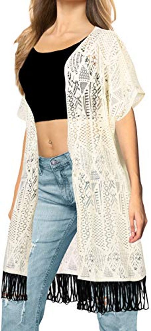 Fashion LA LEELA Mujeres Net Praia de Encaje Corto Kimono Cardigan Ganchillo de La Vendimia Borlas Mini Vestido Exóticas Protector Solar Ropa de Playa Crema_A467