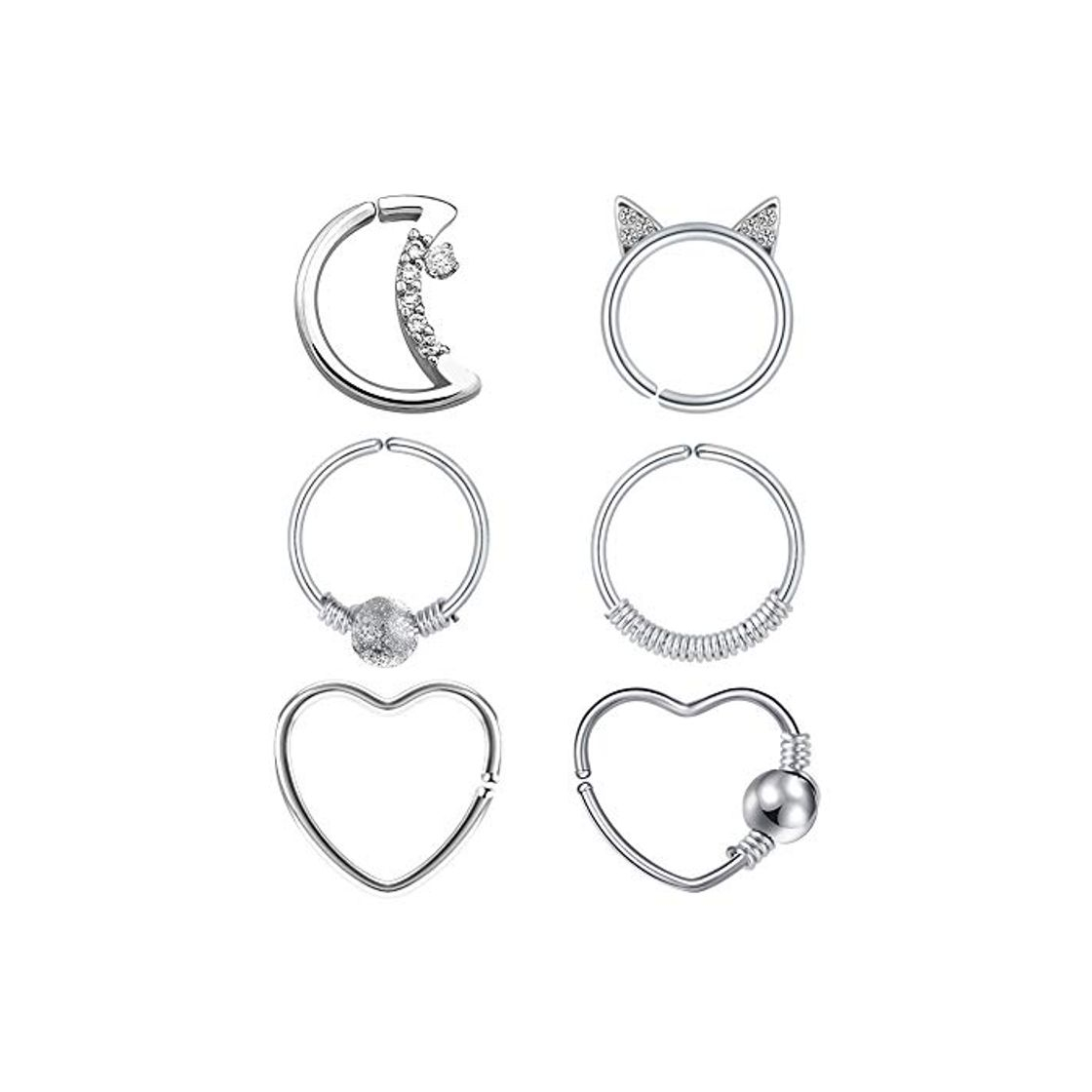 Producto Longita Daith Rook Snug Tragus Piercing Pendientes Acero Quirúrgico Corazón Luna Círculo Forma Anillos Oreja Cartílago Joyas para el Cuerpo 6 Piezas Plata